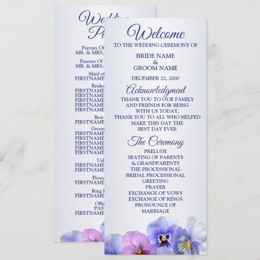 Programme Mariage Floral Rustique Violet Rose Lilas Pensée (Devant / Derrière)