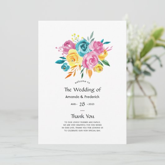 Programme Mariage floral turquoise, jaune et rose (Debout devant)