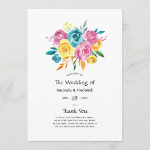 Programme Mariage Floral Turquoise, Jaune et Rose
