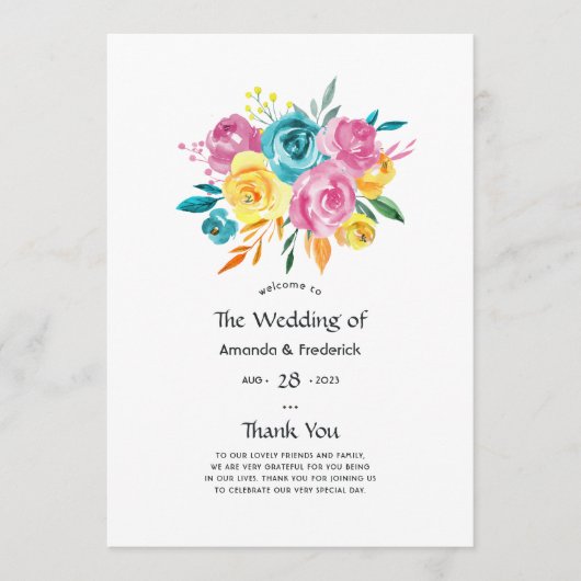 Programme Mariage floral turquoise, jaune et rose (Devant)