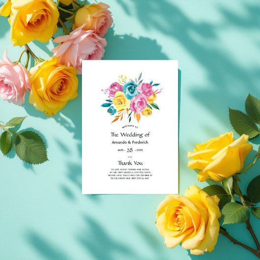 Programme Mariage floral turquoise, jaune et rose