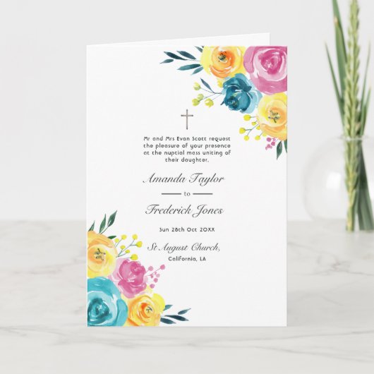 Programme Mariage floral turquoise, jaune et rose (Devant)