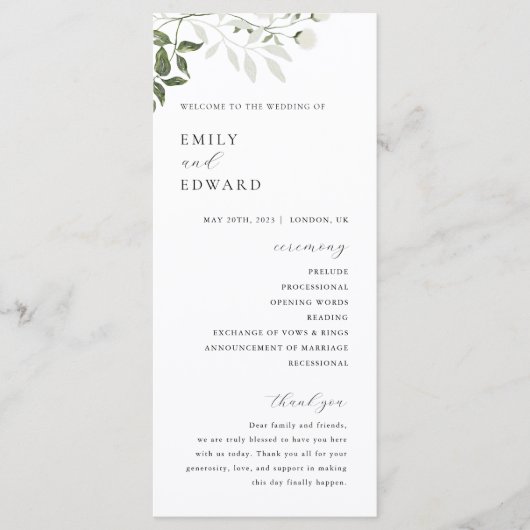 Programme Mariage floral vert et blanc Sage (Devant)