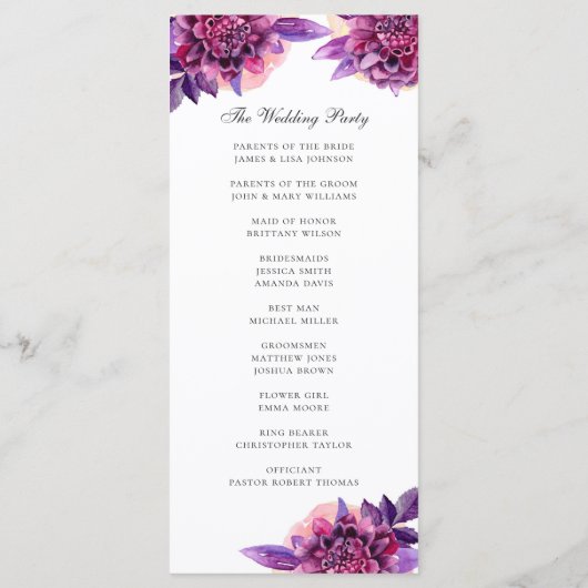 Programme Mariage floral violet aquarelle. Fleurs de lilas (Dos)