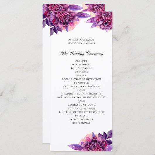 Programme Mariage floral violet aquarelle. Fleurs de lilas (Devant / Derrière)