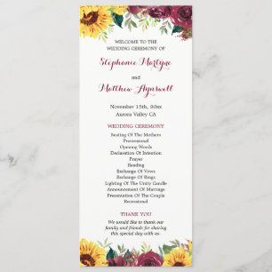 Programme Mariage frontalier floral des tournesols aquarelle