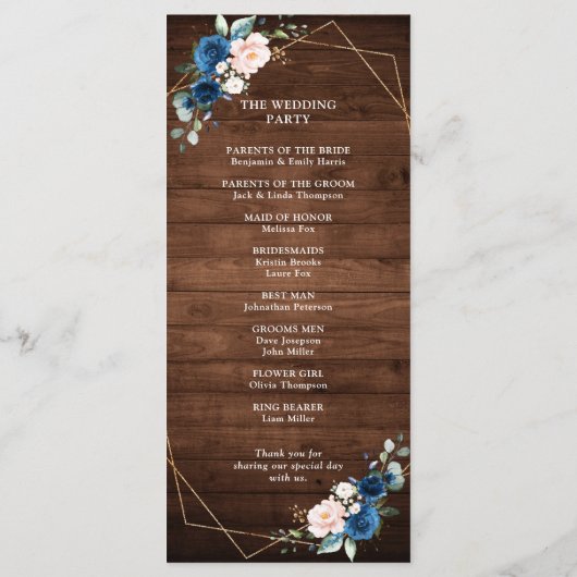 Programme Mariage géométrique en bois rustique bleu marine (Dos)