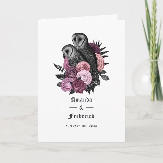 Programme Mariage gothique des hiboux floraux mauves (Devant)