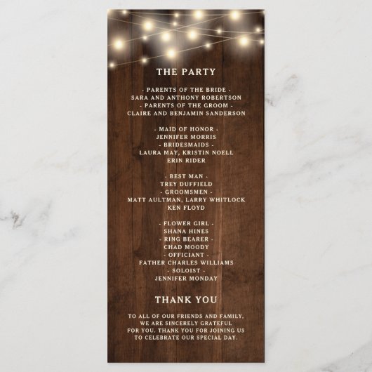 Programme Mariage léger à cordes de bois rustique (Dos)