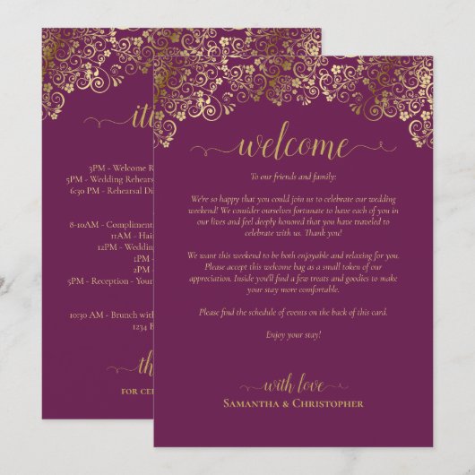 Programme Mariage Magenta Plum & Or Welcome & Itinéraire (Devant / Derrière)