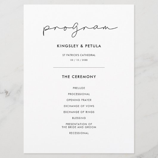 Programme Mariage manuscrit minimaliste (Devant)