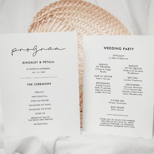 Programme Mariage manuscrit minimaliste
