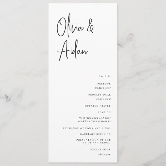 Programme Mariage manuscrit moderne noir et blanc (Devant)