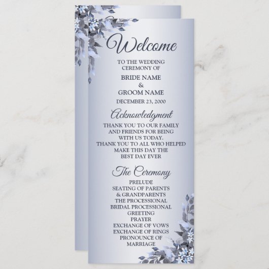 Programme Mariage Marine Bleu Floral Argent Elégant Accueil (Devant / Derrière)