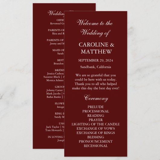 Programme Mariage minimaliste moderne Bohème Bourgogne (Devant / Derrière)