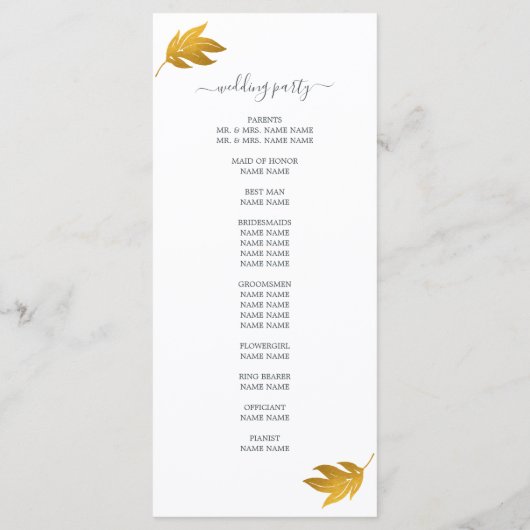Programme Mariage minimum pour feuille d'or à script chic (Dos)