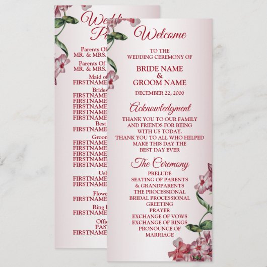 Programme Mariage Moderne aux Feuilles Vertes Florales Roses (Devant / Derrière)