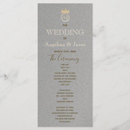 Programme Mariage moderne avec monogramme royal en feuille d (Devant)