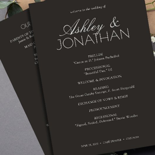 Programme Mariage moderne centré sur la typographie