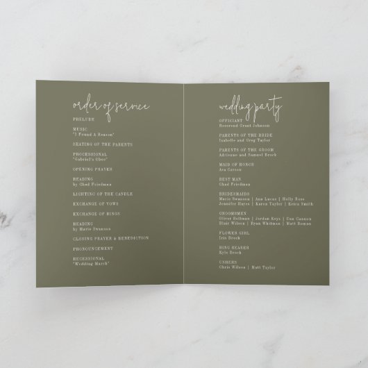 Programme Mariage moderne chic vert olive plié (Intérieur)