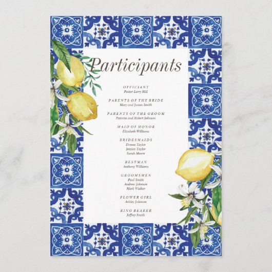 Programme Mariage moderne citron feuillage bleu méditerranée (Dos)