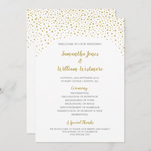 Programme Mariage moderne Elegant Gold Confetti (Devant / Derrière)