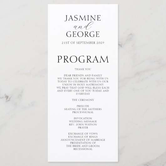 Programme Mariage Moderne Élégant Script Noir & Blanc (Devant)