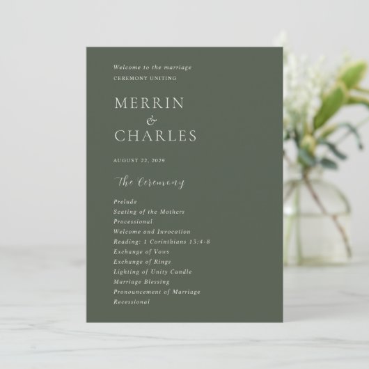 Programme Mariage Moderne Élégant Vert Olive (Debout devant)