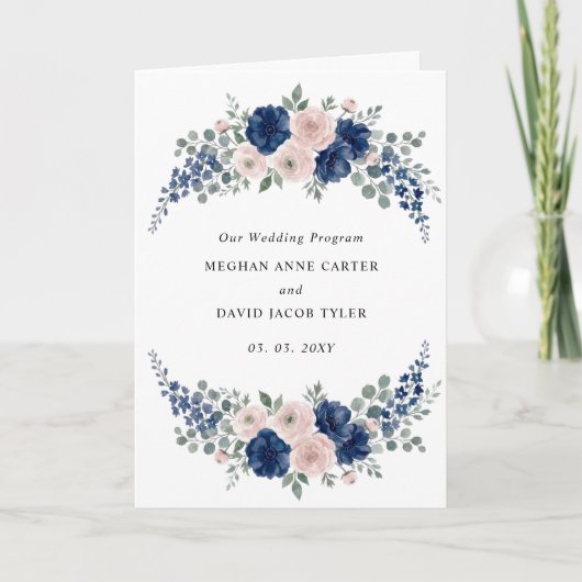 Programme Mariage Moderne Floral Bleu Marine et Blush (Devant)
