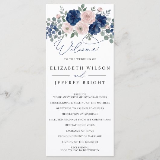 Programme Mariage Moderne Floral Bleu Marine et Blush (Devant)