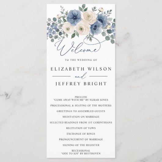 Programme Mariage Moderne Floral Bleu Poussiéreux Ivory Blus (Devant)