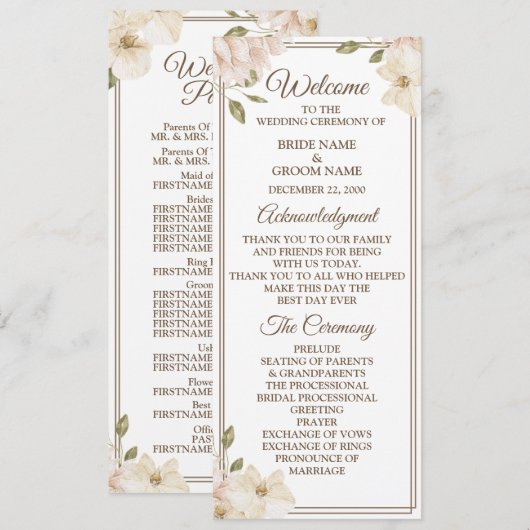 Programme Mariage Moderne Floral Cadre de Verdure Rose Blanc (Devant / Derrière)