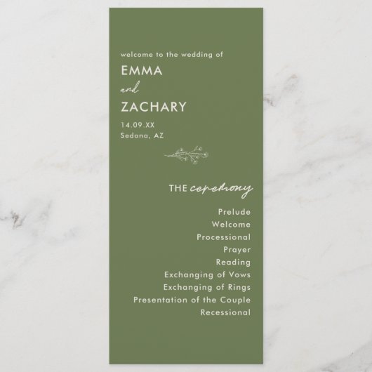 Programme Mariage Moderne Minimaliste Vert Olive (Devant)