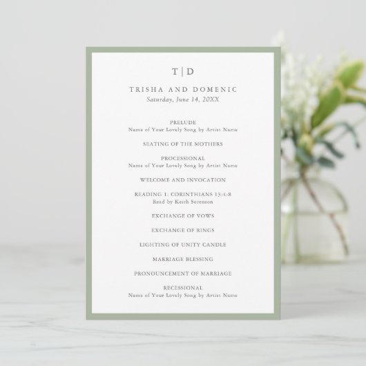 Programme Mariage Moderne Monogramme Vert Sauge Élégant (Debout devant)