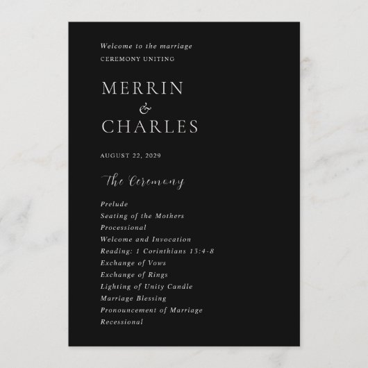 Programme Mariage moderne noir élégant (Devant)