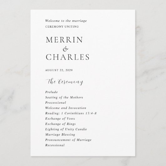 Programme Mariage moderne noir et blanc élégant (Devant)