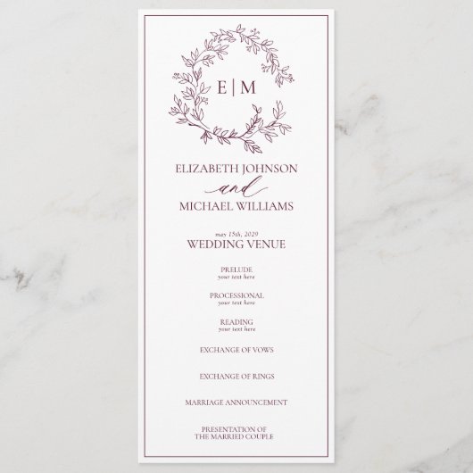 Programme Mariage Monogramme de cime feutrée de Bourgogne mo (Devant)