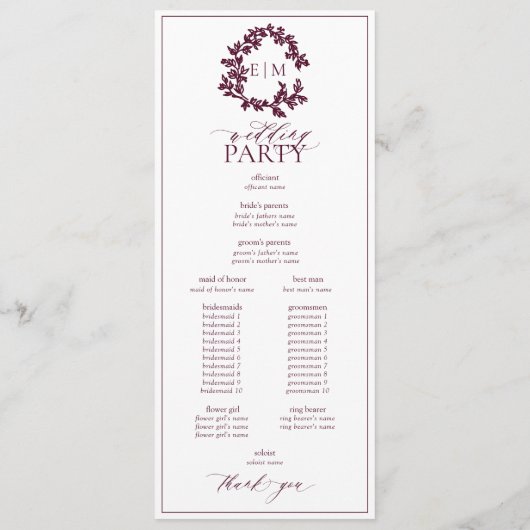 Programme Mariage Monogramme de cime feutrée de Bourgogne mo (Dos)