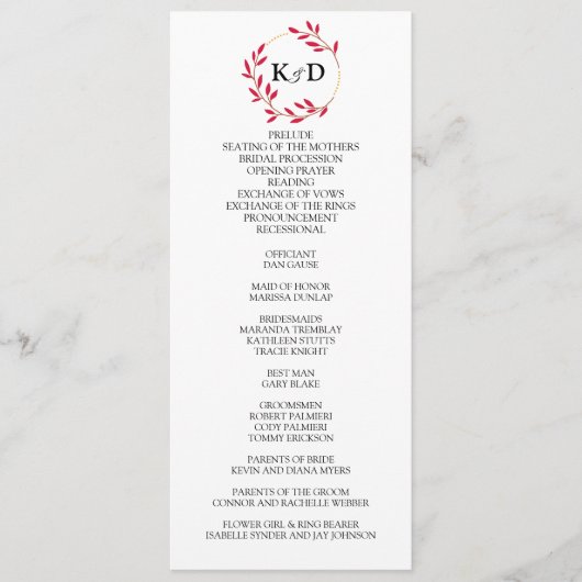 Programme Mariage Monogramme de feutre de Charming Fall (Devant)