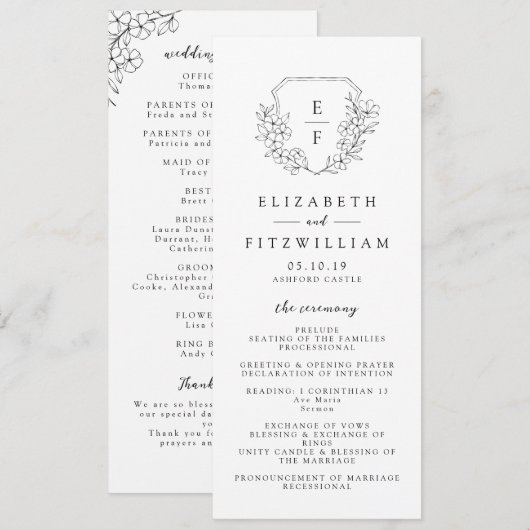 Programme Mariage Monogramme simple et élégant en fleur de c (Devant / Derrière)