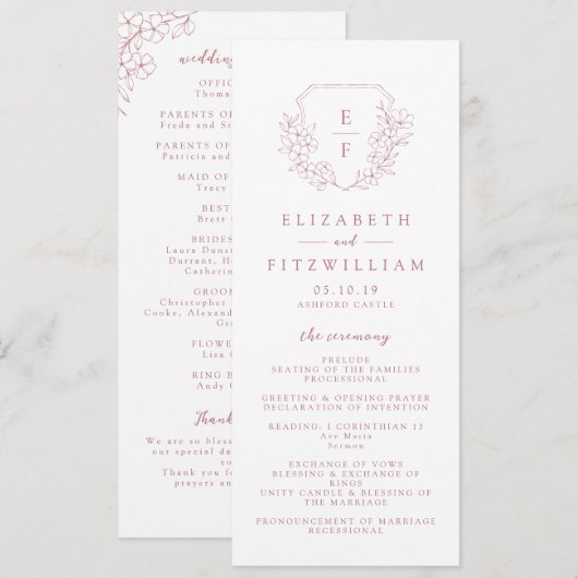 Programme Mariage Monogramme simple rose cerisier (Devant / Derrière)