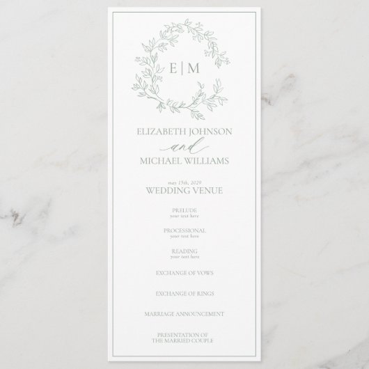 Programme Mariage Monogramme vert Sage moderne (Devant)