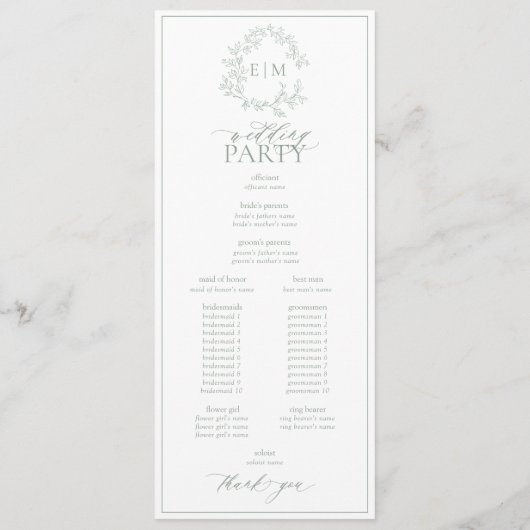 Programme Mariage Monogramme vert Sage moderne (Dos)