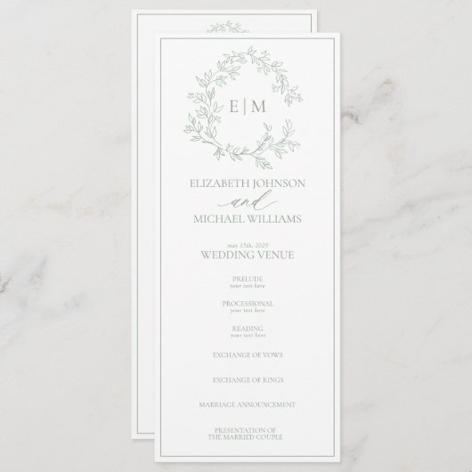Programme Mariage Monogramme vert Sage moderne (Devant / Derrière)