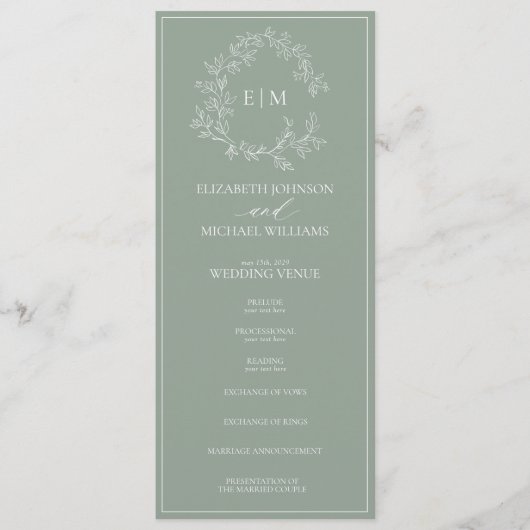 Programme Mariage Monogramme vert Sage moderne (Devant)