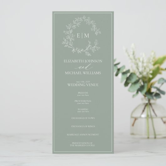 Programme Mariage Monogramme vert Sage moderne (Debout devant)