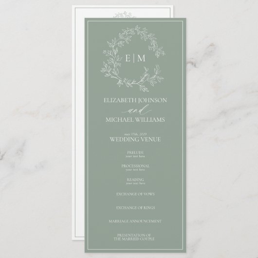 Programme Mariage Monogramme vert Sage moderne (Devant / Derrière)