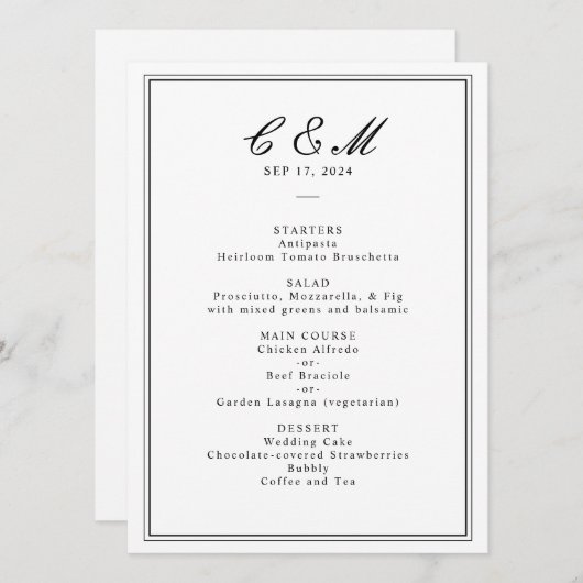 Programme Mariage noir et blanc de script classique absolu (Devant / Derrière)
