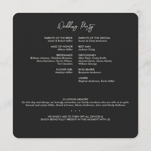 Programme Mariage noir noir floral minimal (Dos)