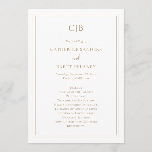 Programme Mariage or classique simple Monogramme élégant (Devant)